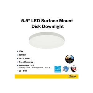Halco Lighting Technologies DSK-5.5-CS-120V Surface Mount Disk 5.5in 10W 820 Lumens 27/30/35/40/50K Color Select 120V Triac Dim 83897 